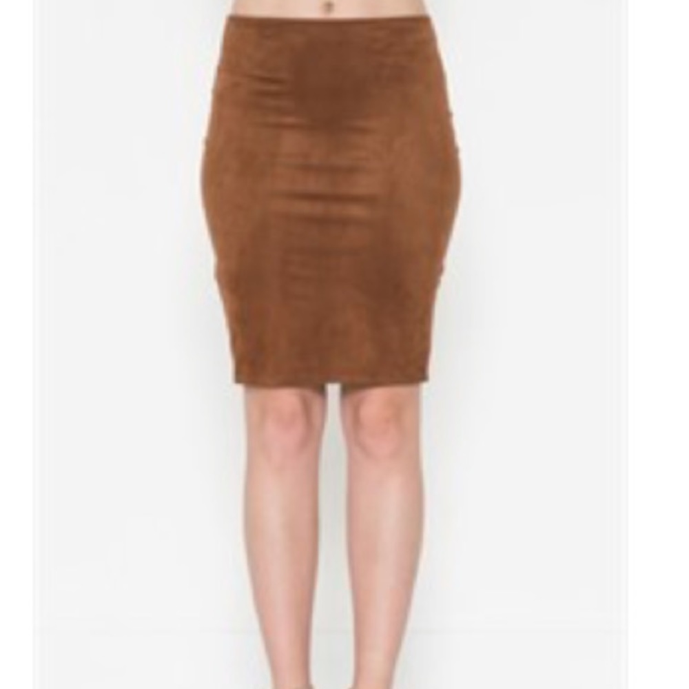 Micro suede brown fitted midi pencil skirt